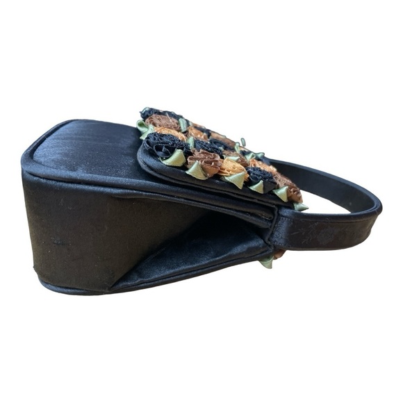 Julie Feldman Black Satin w/ Orange Rose Black Ribbon Rosettes Evening Handbag - Picture 6 of 10